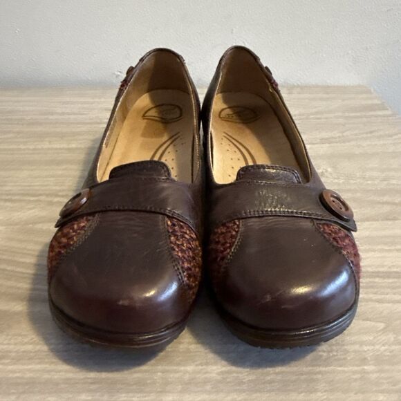 Dansko ‘Pam’ Brown Leather Sz 42 Buttons Tweed Hipster Boho Casual Wedge - Picture 3 of 11